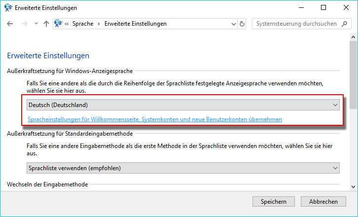 Windows 10 Anzeigesrapche ändern