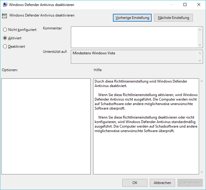 Windows Defenkder deaktivieren