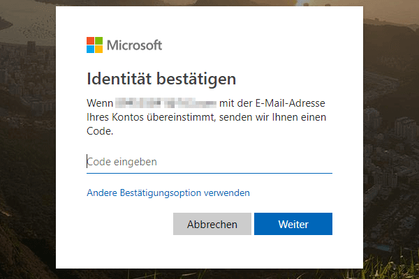Microsoft-Kontos Passwort zurücksetzen, Code eingeben