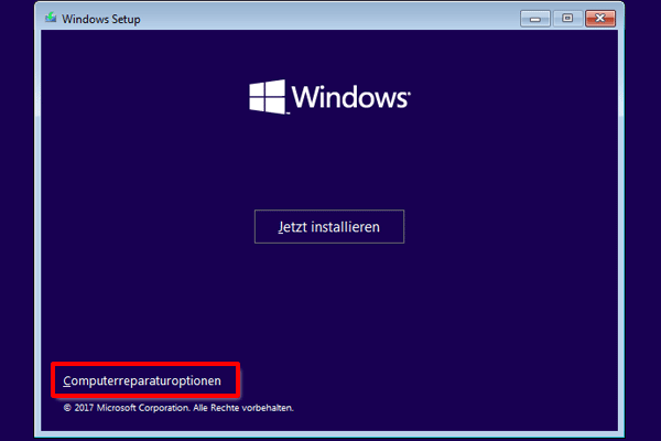 Windows 10 Computerreparaturoptionen klicken