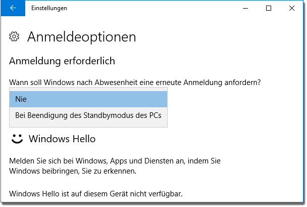 Windows 10 Anmeldung erfoderlich in Einstellungen