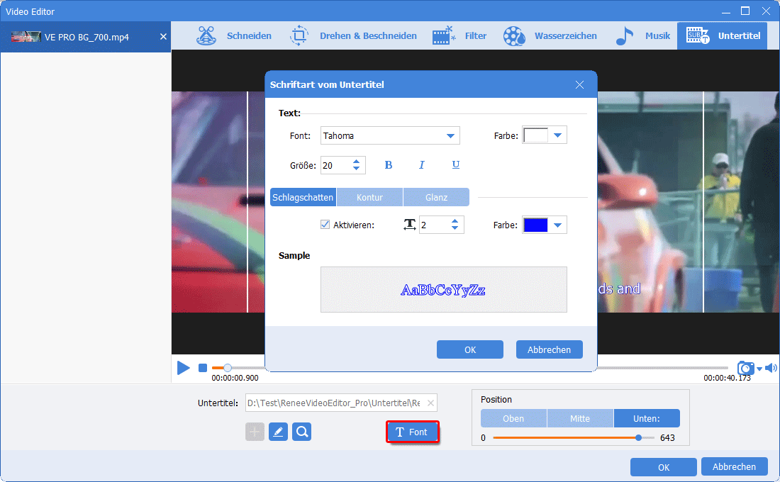 Renee Video Editor Pro Untertitel Font weiter einstellen