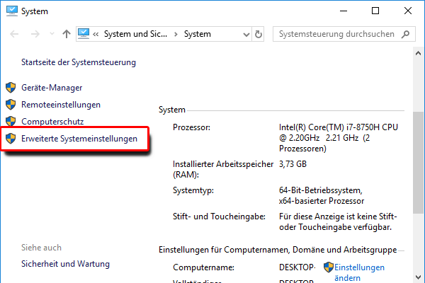Windows Explorer_Dieser PC_Eigenschaften_Erweiterte Systemeinstellungen