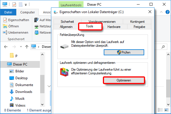 Windows Explorer_Partition_Eigenschaften_Tools_Optimieren klicken