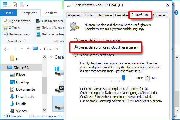 Windows Explorer_USB Stick_Eigenschaften_ReadyBoost aktivieren