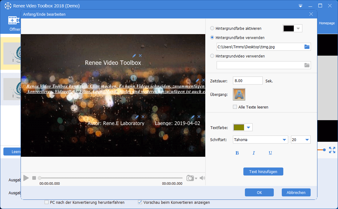 Renee Video Editor Pro Vorspanne und Abspanne weiter bearbeiten