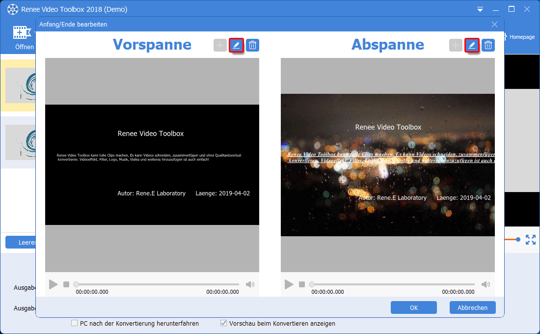 Renee Video Editor Pro Vorspanne und Abspanne einstellen