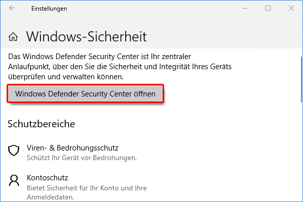 Windows Defender Security Center öffnen klicken