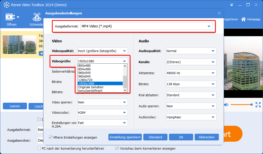 Ausgabeformat und Videogröße einstellen