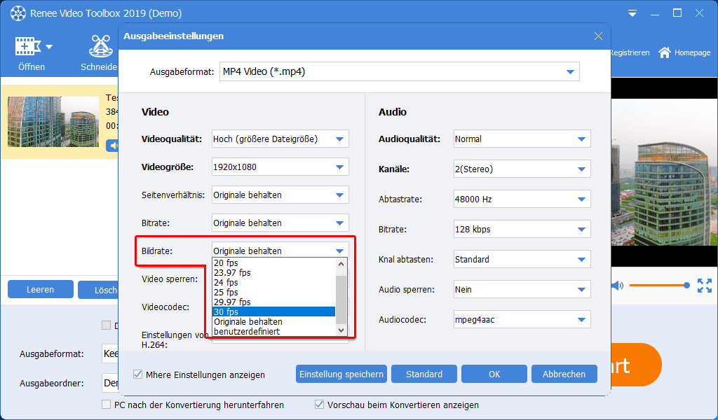 Stellen Sie anschließend Bildrate ein