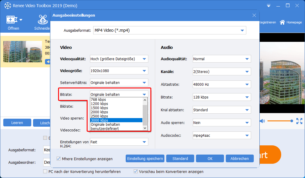 Stellen Sie dann Bitrate ein