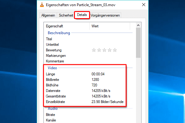 Videoauflösung, Bildrate und Bitrate ändern